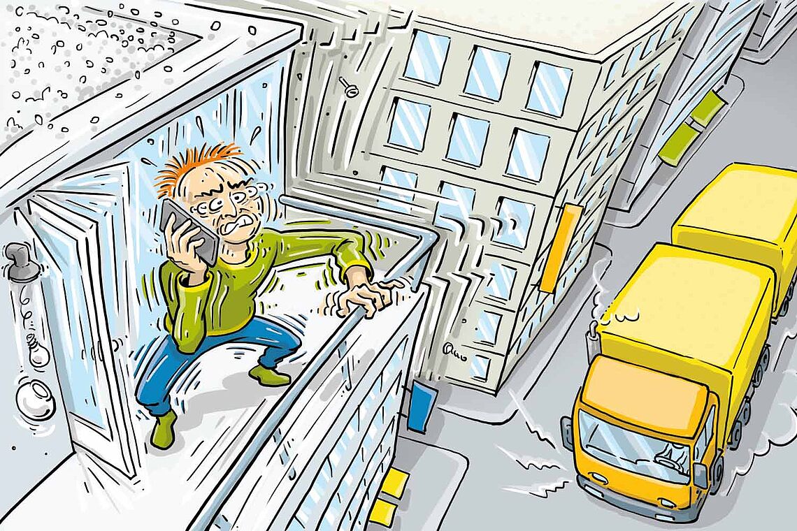 Illustration eines Mannes auf seinem Balkon, das Haus zittert, während unten ein LKW fährt