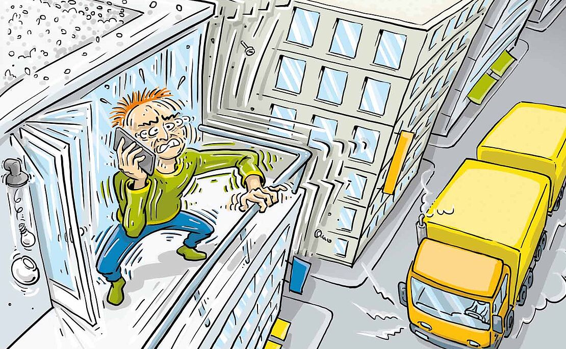 Illustration eines Mannes auf seinem Balkon, das Haus zittert, während unten ein LKW fährt