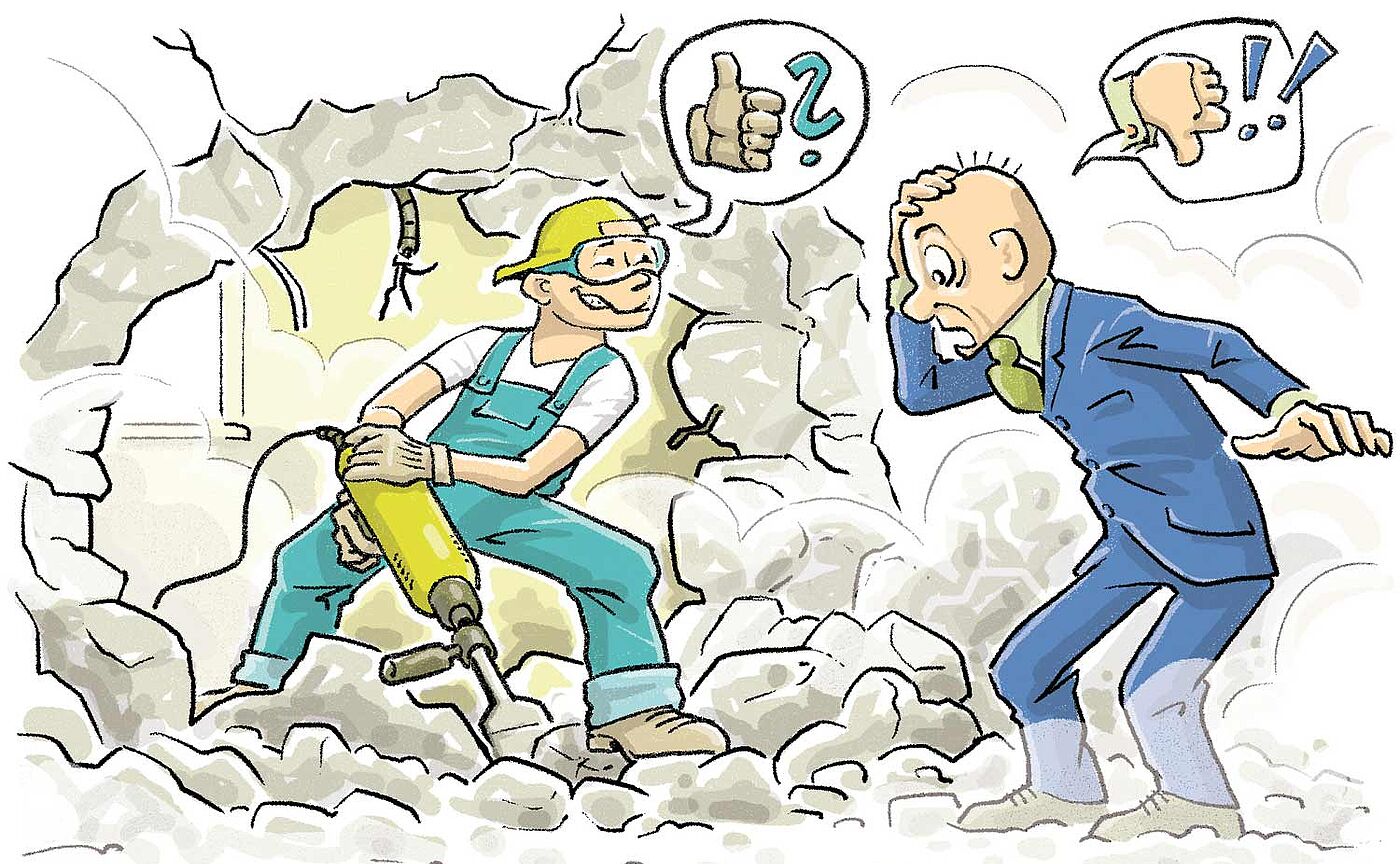 Illustration: Zufriedener Bauarbeiter mit Schlaghammer im Mauerdurchbruch und entsetzter Mann im Anzug daneben