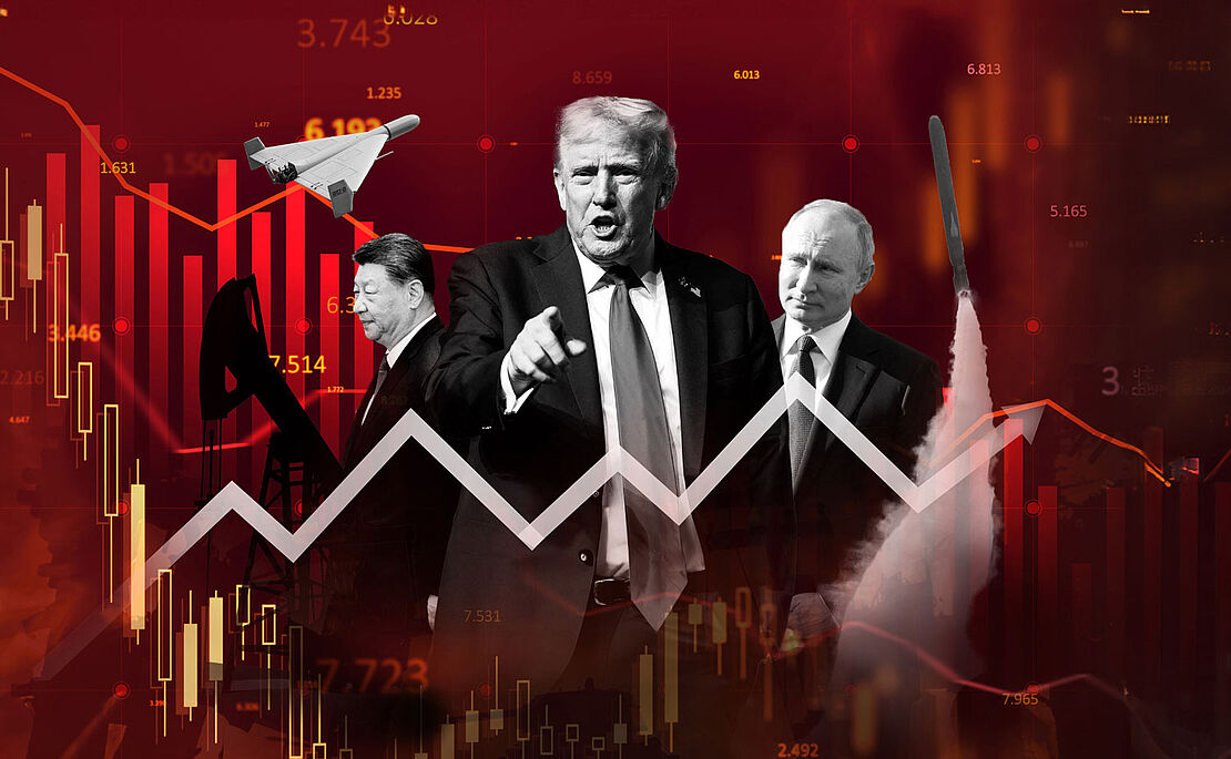 Bildmontage mit Aktiencharts und Fotos verschiedener Präsidenten wie Trump und Putin