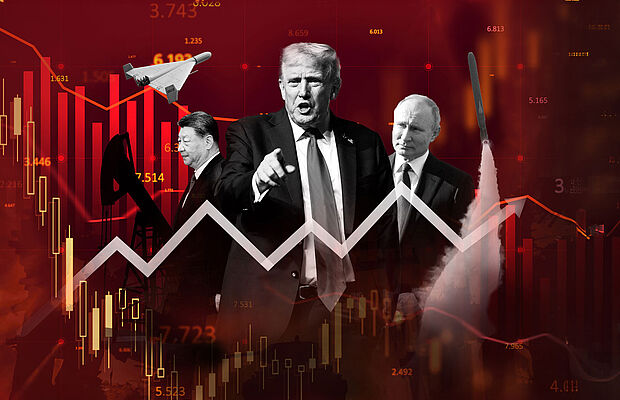 Bildmontage mit Aktiencharts und Fotos verschiedener Präsidenten wie Trump und Putin