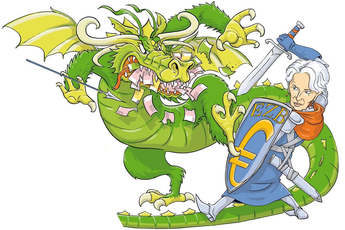Grafik / Karikatur mit einem Drachen, der Geld im Mund hat und der EZB-Chefin mit Schwert und Deckung, wie sie ihm bekämpft