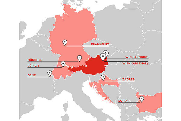Landkarte Europa, rote Markierung, wo Daten von A1 bei Exoscale gespeichert sind