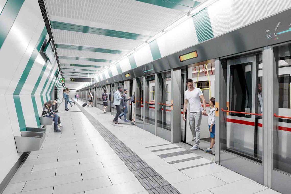 Foto von der geplanten Station Frankhplatz in Wien-Alsergrund mit einer U-Bahn und Menschen