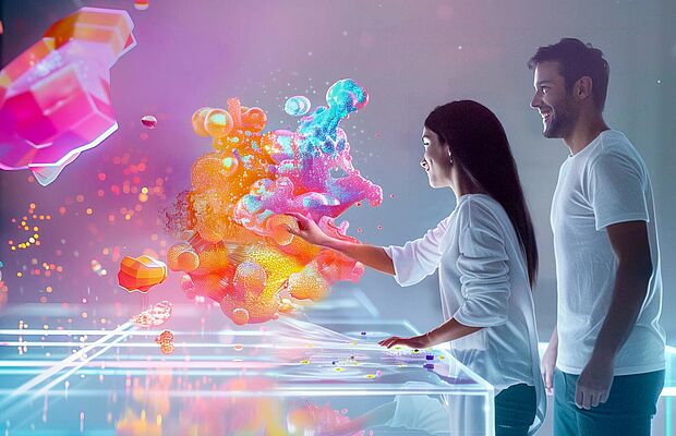 Frau und Mann vor einem bunten digitalen Wolkengebilde