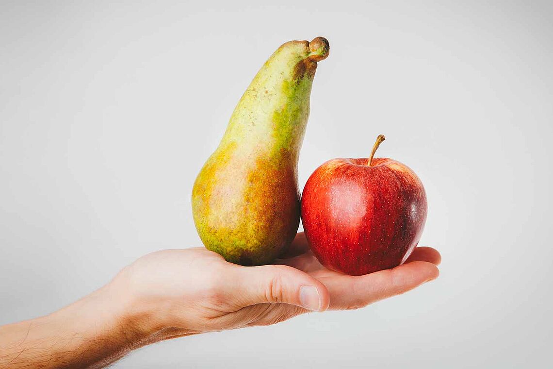 Foto einer Hand mit einem Apfel und einer Birne drauf