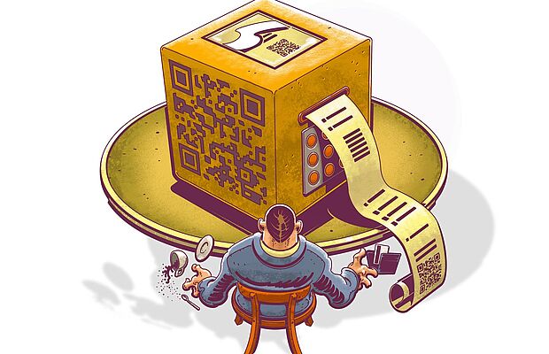 Unternehmer vor einer Registrierkassa