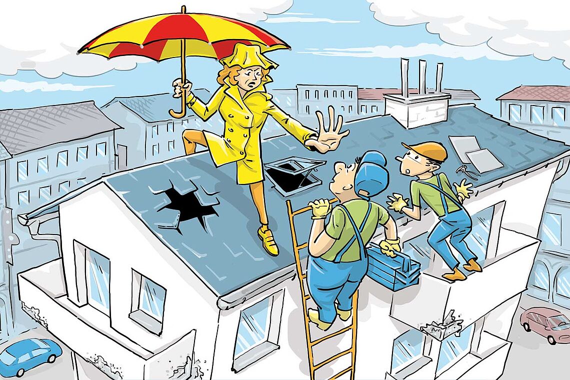 Illustration: Bauarbeiter wollen Dach reparieren, Frau in gelbem Regenmantel und gelb-roten Schirm verwehrt ihnen den Zugang auf das Dach