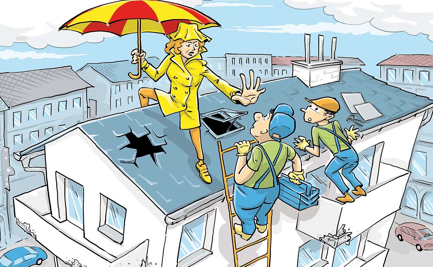 Illustration: Bauarbeiter wollen Dach reparieren, Frau in gelbem Regenmantel und gelb-roten Schirm verwehrt ihnen den Zugang auf das Dach