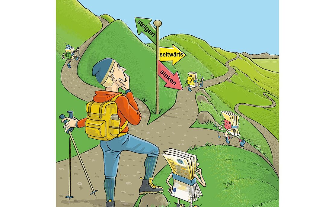 Illustration eines Wanderers, der vor einer Weggabelung steht