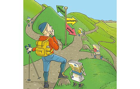 Illustration eines Wanderers, der vor einer Weggabelung steht