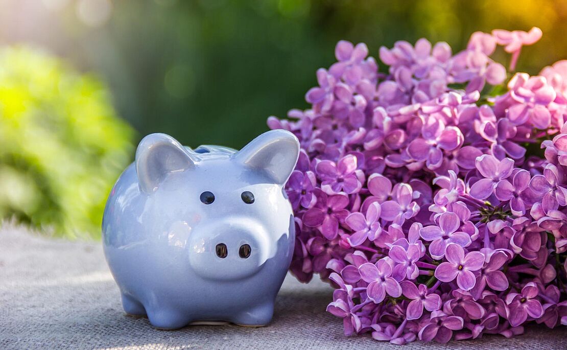 Blaues Sparschwein und lila Flieder