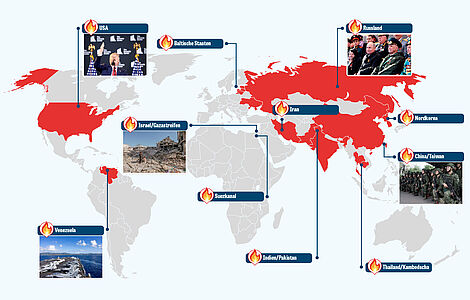 Weltkarte mit Markierungen der Brandherde