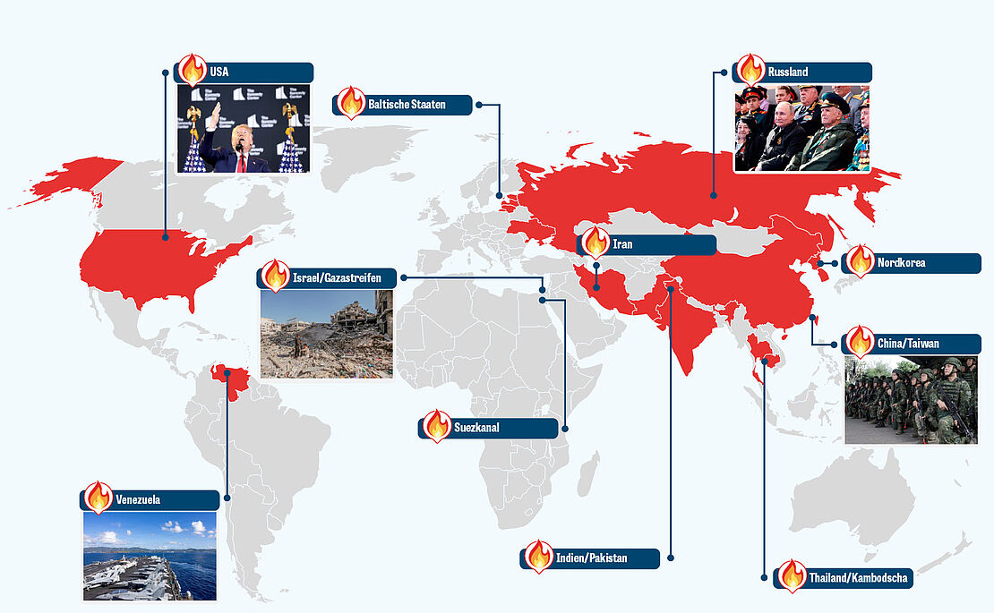 Weltkarte mit Markierungen der Brandherde