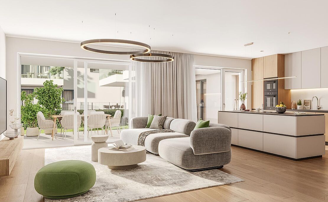 Blick in ein modernes Wohnzimmer mit offener Küche