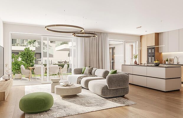 Blick in ein modernes Wohnzimmer mit offener Küche