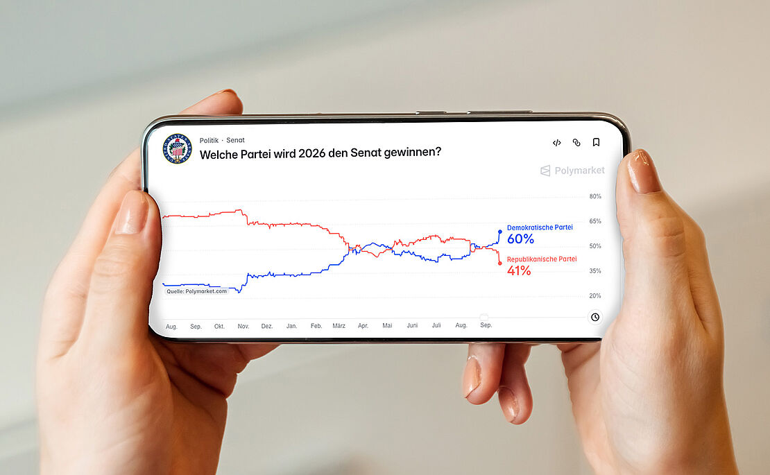 Bildschirm eines Handys, das von Frauenhänden gehalten wird, darauf ein Chart, wer die Midterms in den USA gewinnen wird