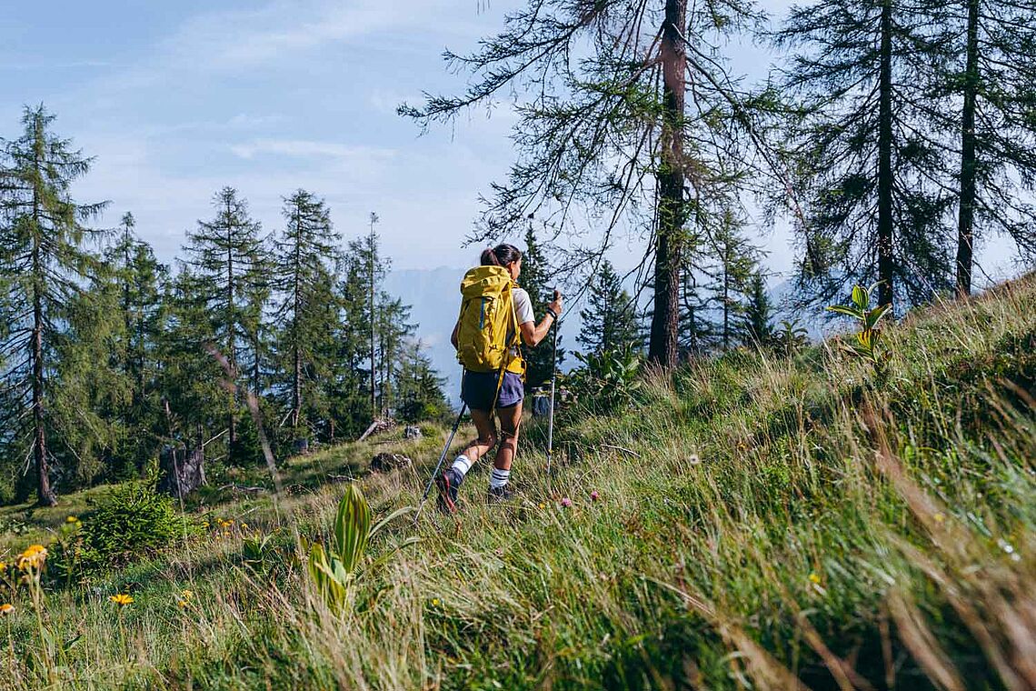 Frau mit Rucksack und Wanderstöcken im Wanderparadies St. Johann im Pongau