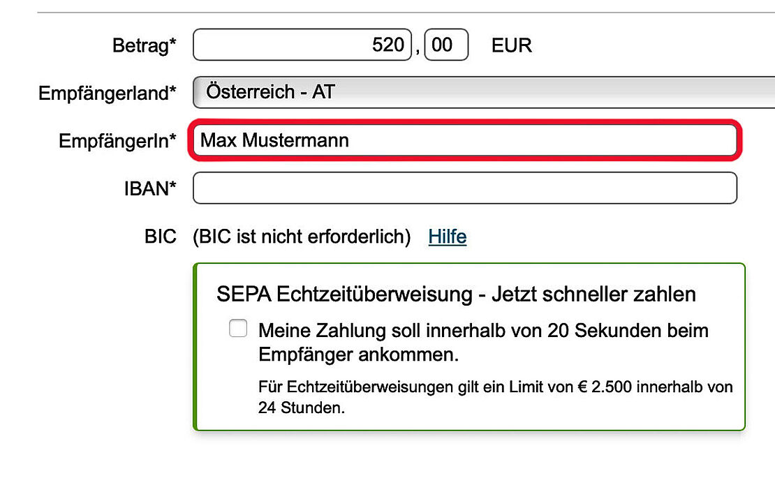 Screenshot einer Überweisung