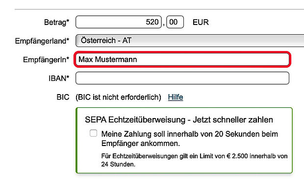 Screenshot einer Überweisung