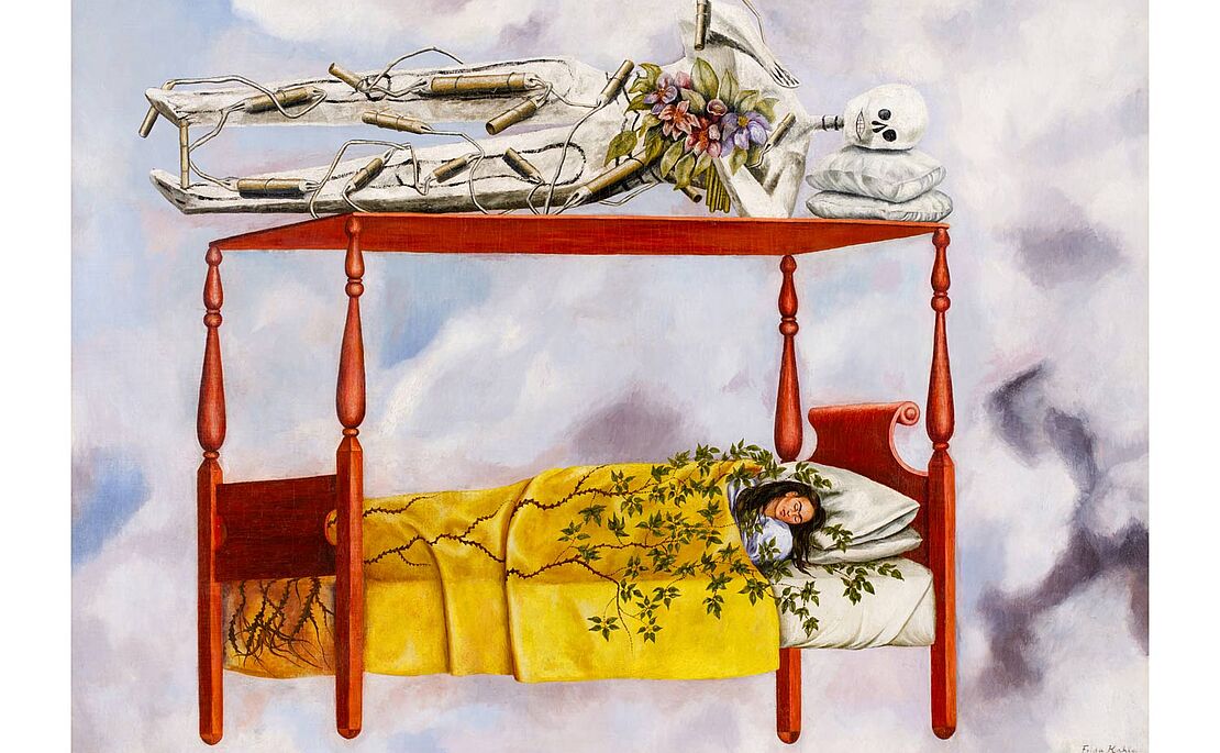 Gemälde mit einer Frau im Himmelbett, auf dem Baldachin liegt ein Skelett mit Blumen im Arm