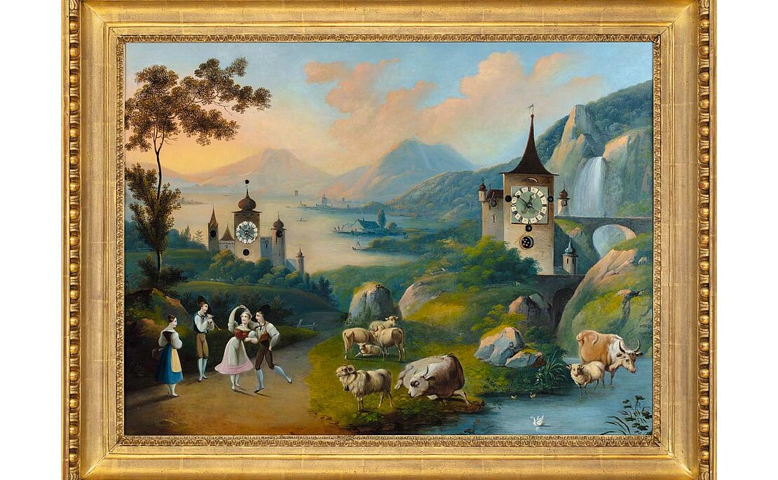 Verträumtes Landschaftsbild mit zwei Kirchen plus Uhren, vier Personen, Kühen, Bach, See und Wasserfall