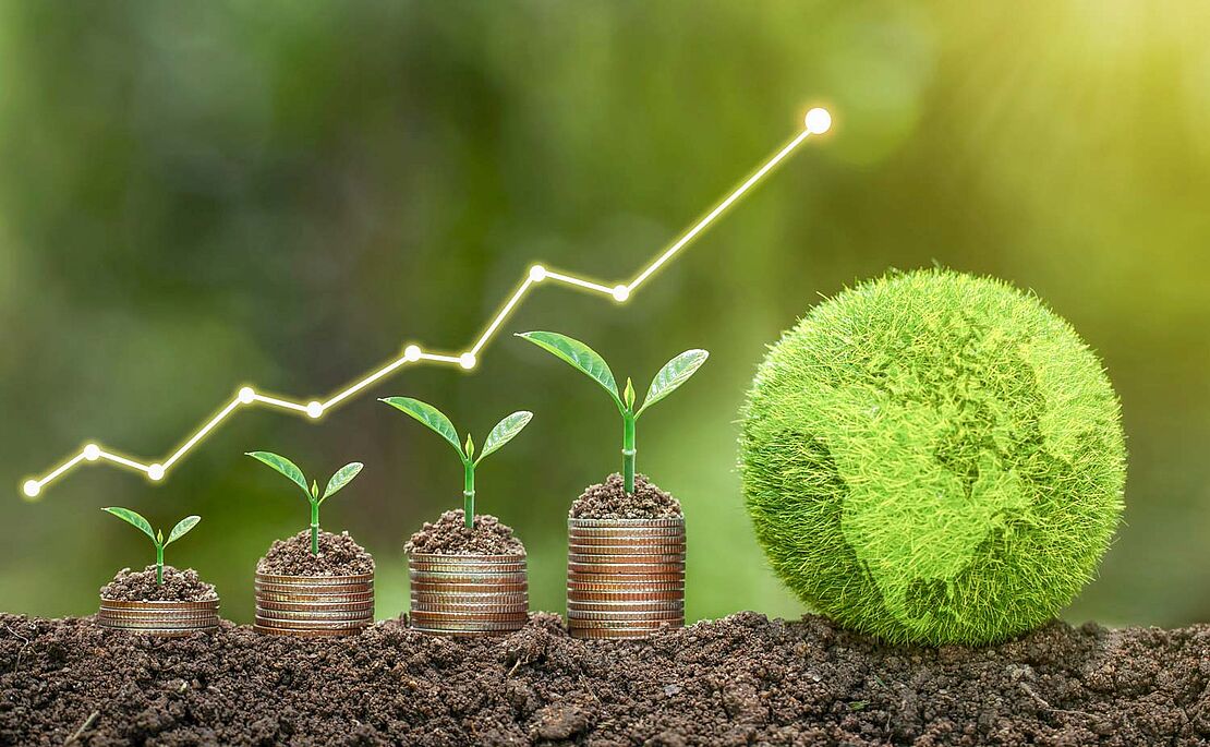 Stapel aus Münzen, aus denen ein Pflänzchen sprießt und der immer größer wird, darüber ansteigender Chart