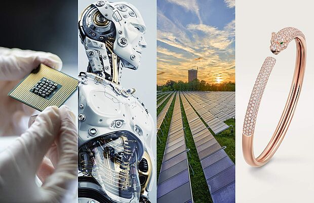 Fotomontage Aktienchip, Roboter, Photovoltaikpanele, Edelmetall-Reifen