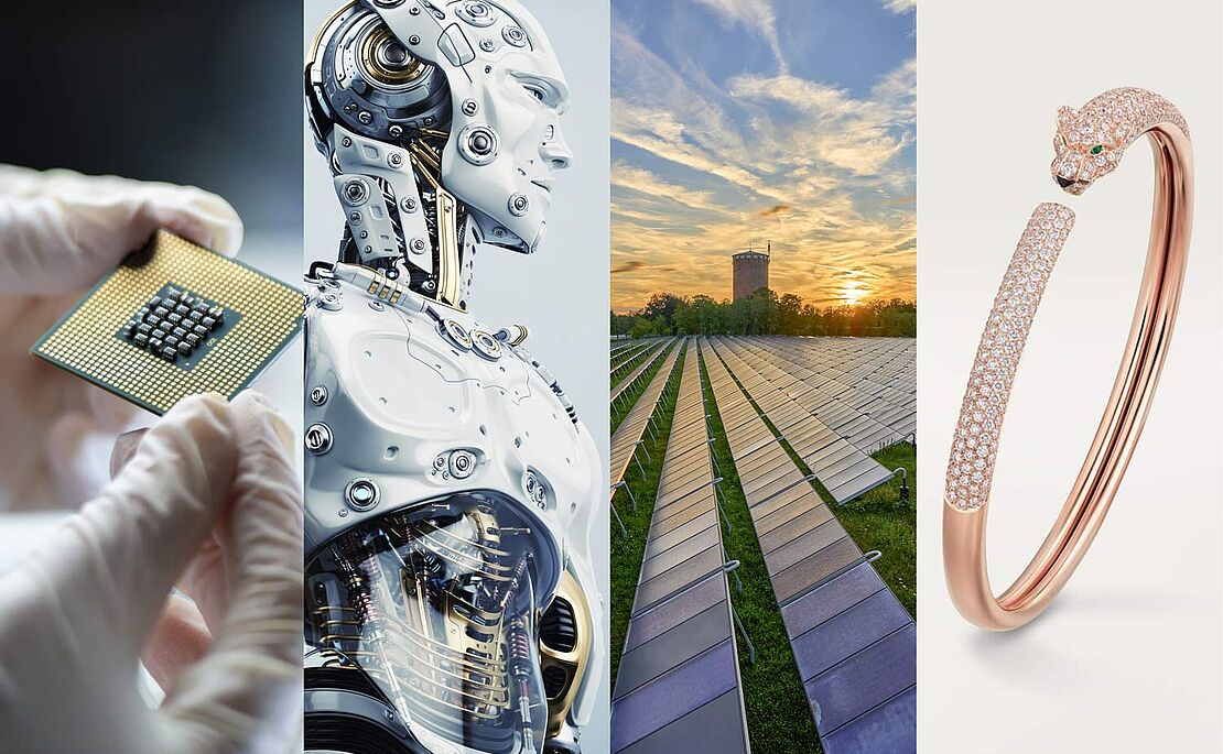 Fotomontage Aktienchip, Roboter, Photovoltaikpanele, Edelmetall-Reifen