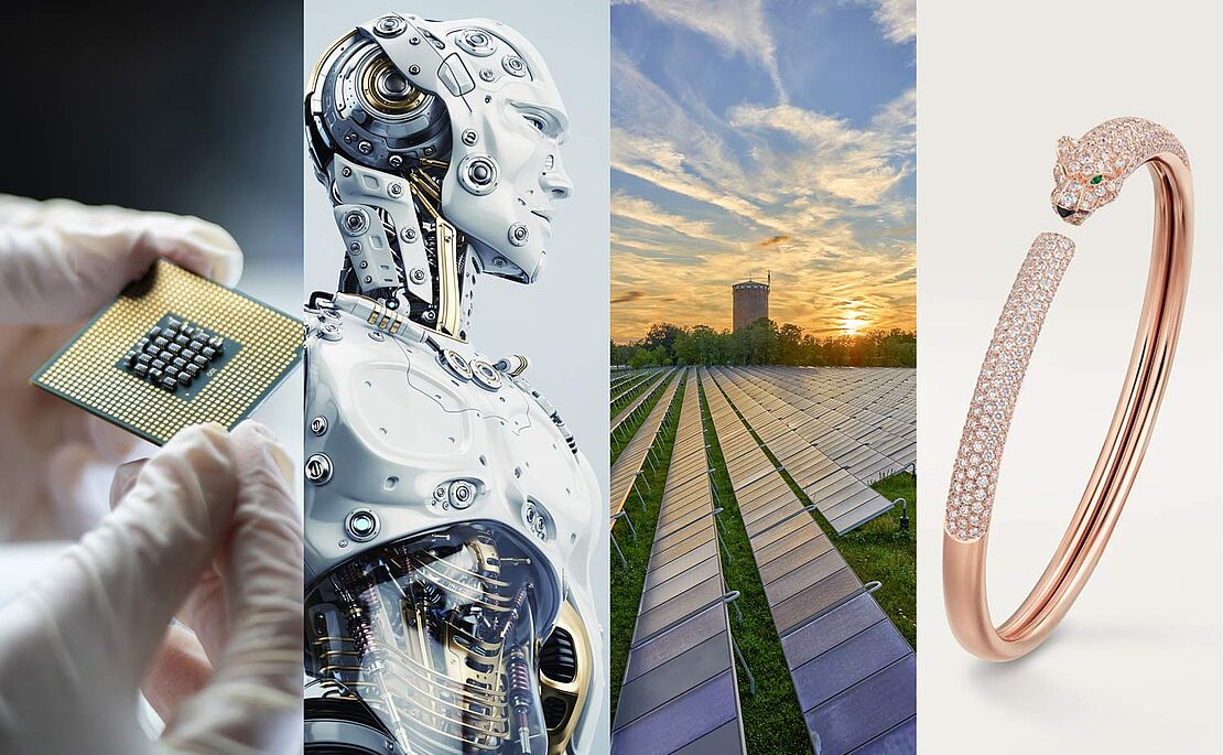 Fotomontage Aktienchip, Roboter, Photovoltaikpanele, Edelmetall-Reifen
