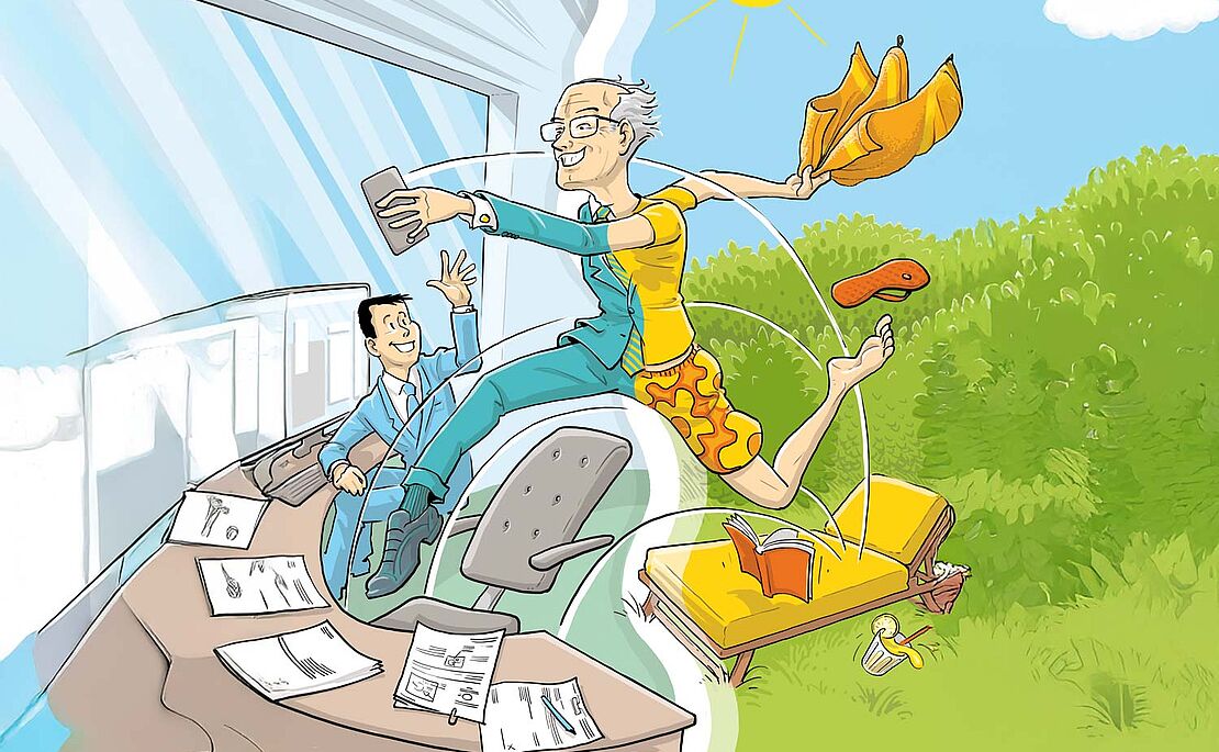 Mann der mit Freudensprung in Pension geht