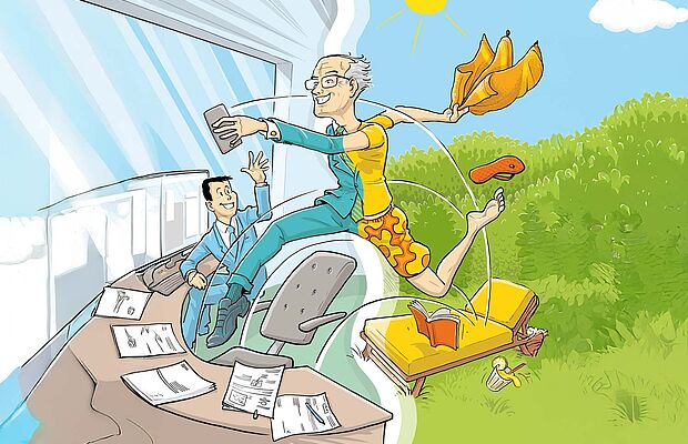 Mann der mit Freudensprung in Pension geht