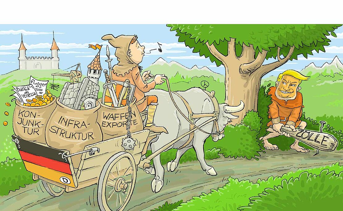 Illustration: Bauer auf einer Ochsenkutsche, geladen drei Säcke mit Kunjunktur, Infrastruktur und Waffenexporte; hinter dem nächsten Baum lauert ein Mann mit einer Keule, die mit "Zölle" beschriftet ist