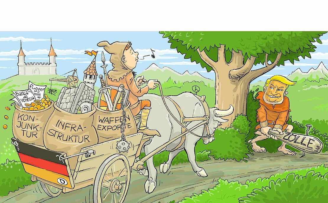 Illustration: Bauer auf einer Ochsenkutsche, geladen drei Säcke mit Kunjunktur, Infrastruktur und Waffenexporte; hinter dem nächsten Baum lauert ein Mann mit einer Keule, die mit "Zölle" beschriftet ist