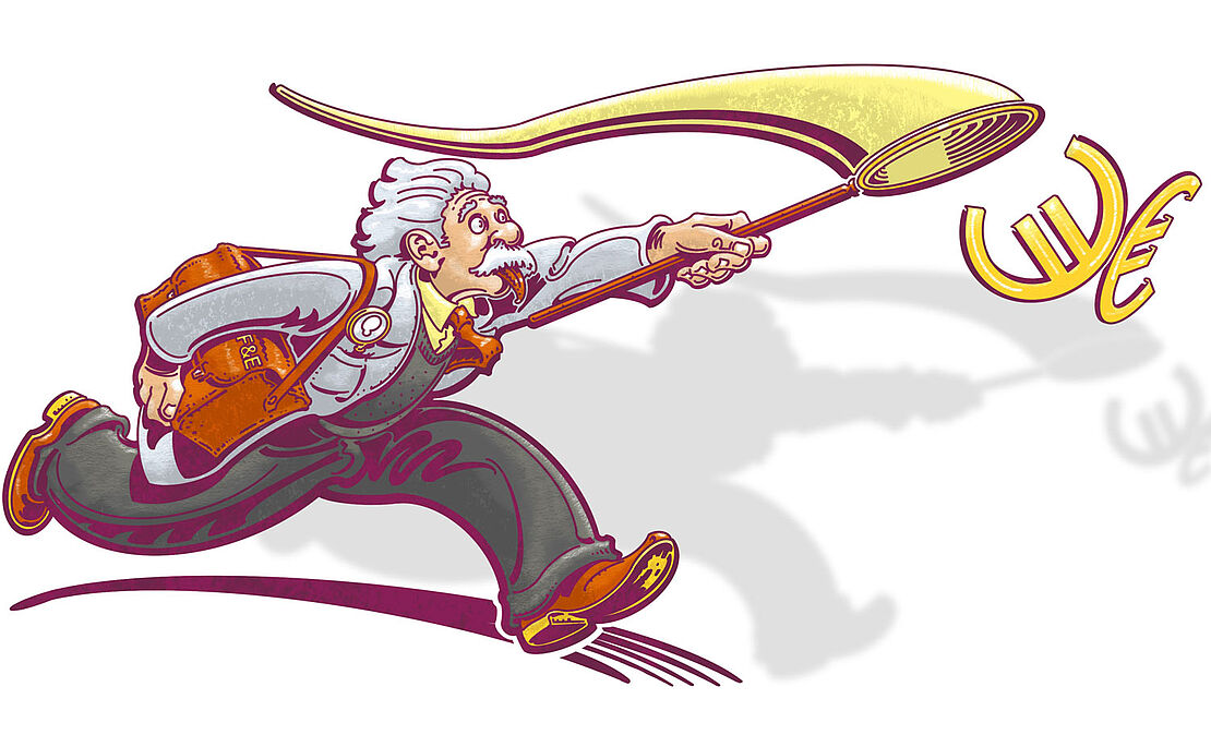 Mann der mit einem Netz Euros einfängt