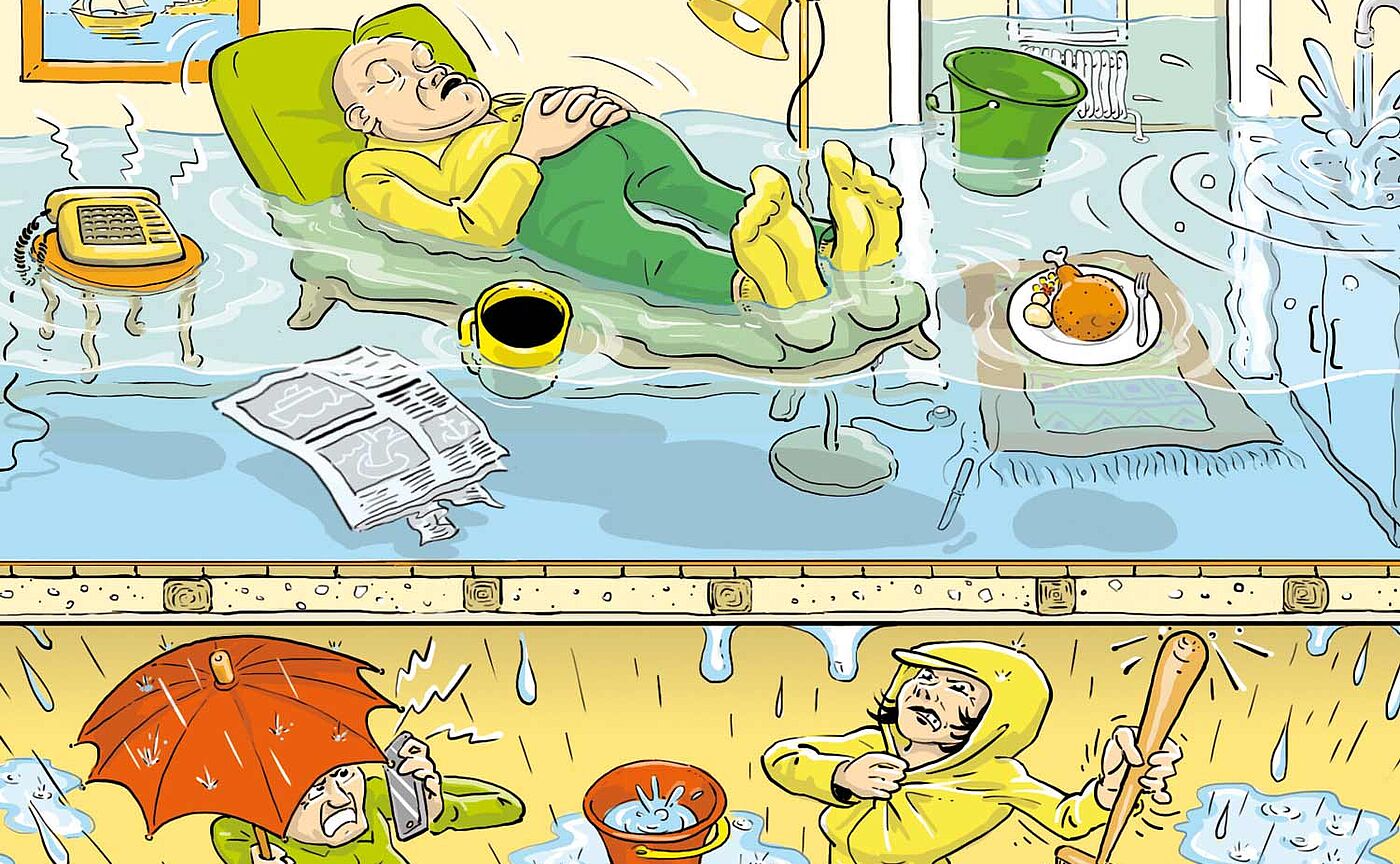 Illustration: Schlafender Mann in überschwemmter Wohnung, Bewohner darunter mit Schirm, Regenmantel und Eimer