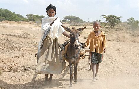 Afrikanische Frau, rechts davon ein Esel, nochmal rechts ein Kind