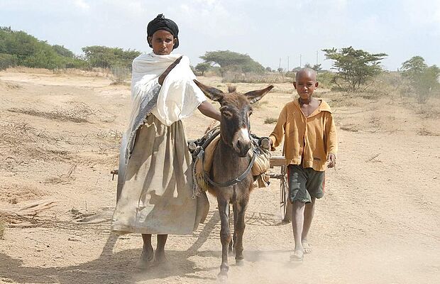 Afrikanische Frau, rechts davon ein Esel, nochmal rechts ein Kind