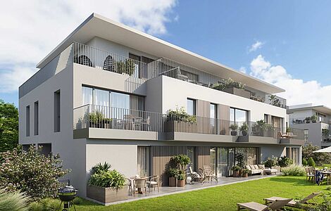 Fotomontage einer zweistöckigen Wohnhausanlage mit Gärten, Balkonen und Terrassen