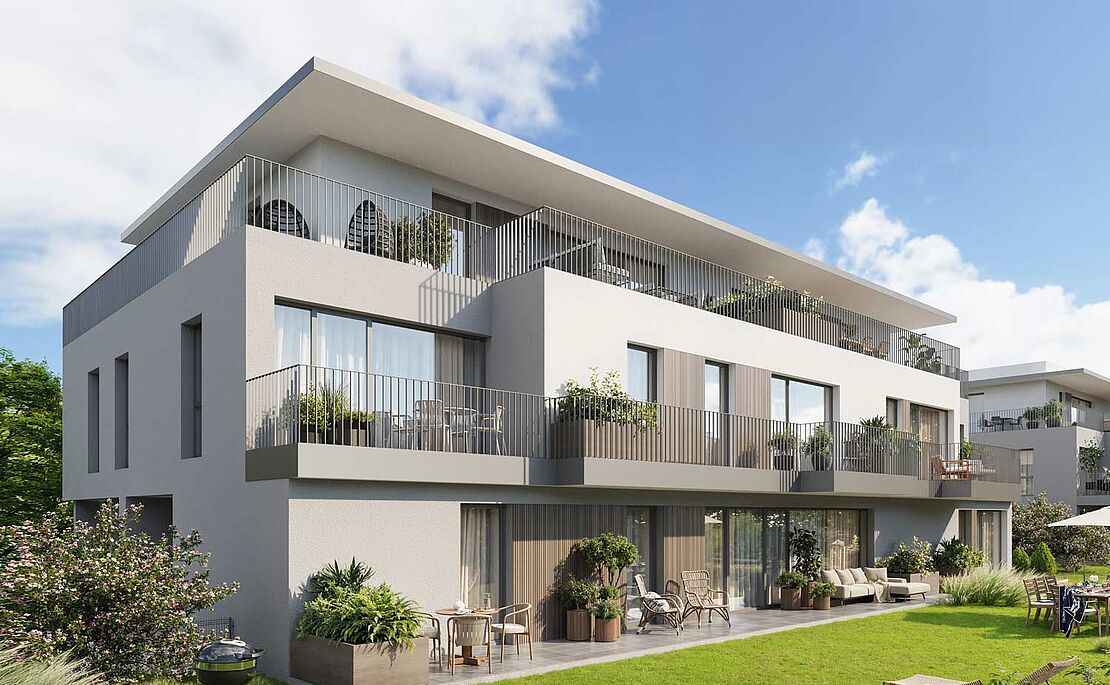 Fotomontage einer zweistöckigen Wohnhausanlage mit Gärten, Balkonen und Terrassen