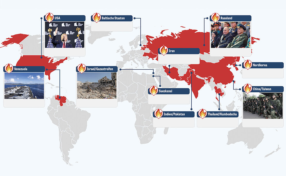 Weltkarte mit Markierungen der Brandherde
