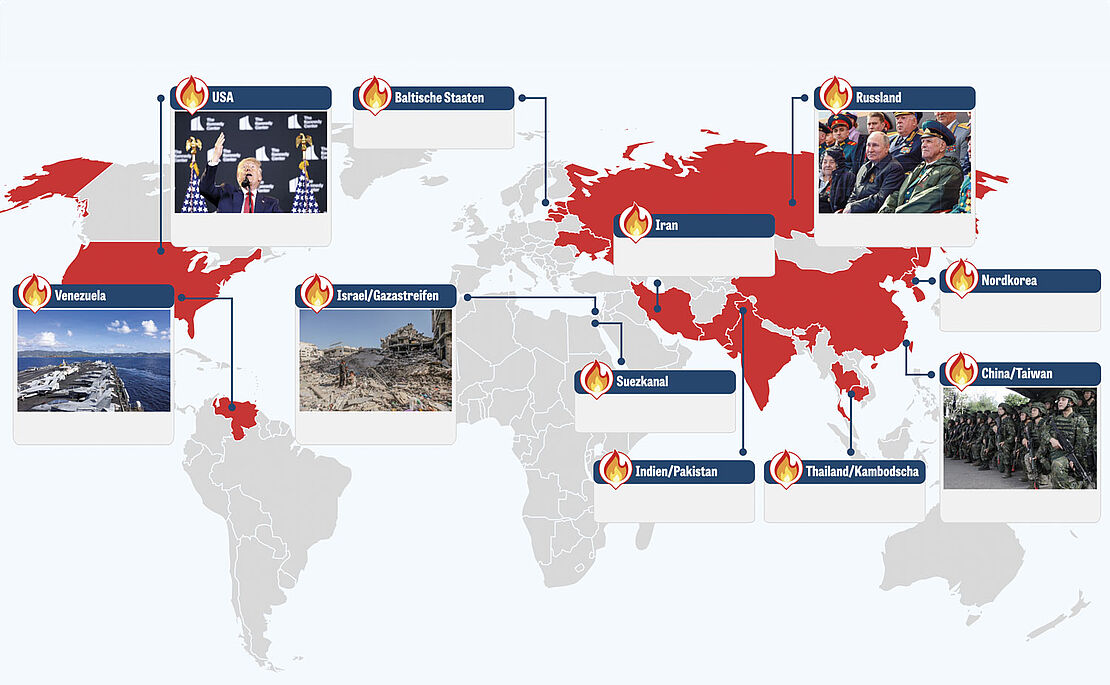 Weltkarte mit Markierungen der Brandherde