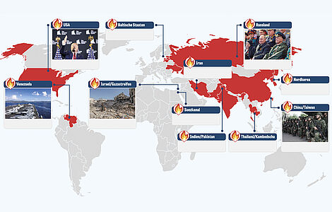 Weltkarte mit Markierungen der Brandherde