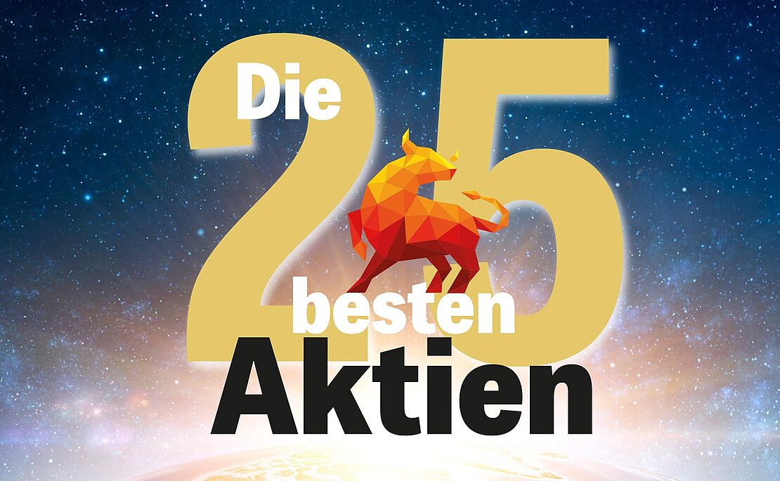 Illustration mit "Die 25 besten Aktien", ein Bulle mittendrin