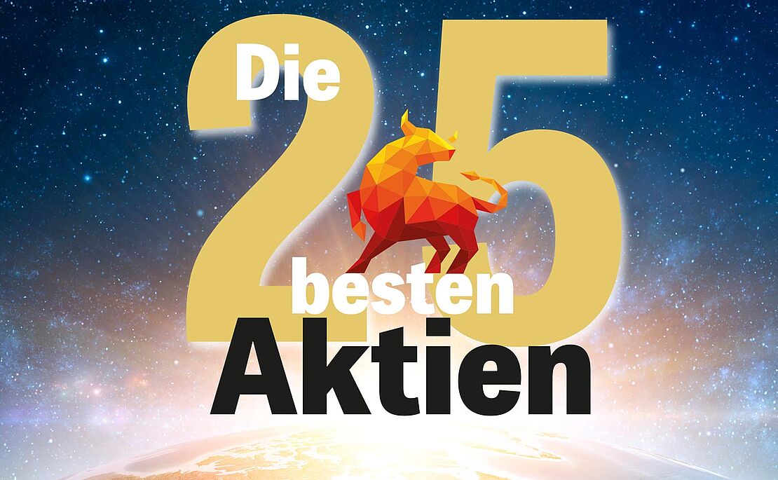 Illustration mit "Die 25 besten Aktien", ein Bulle mittendrin
