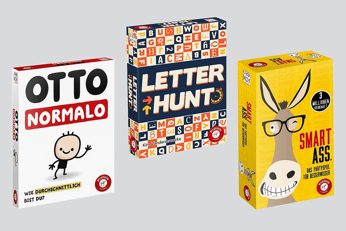 Cover der drei neuen Spiele „Otto Normalo“, „Letter Hunt“ und „Smart Ass“
