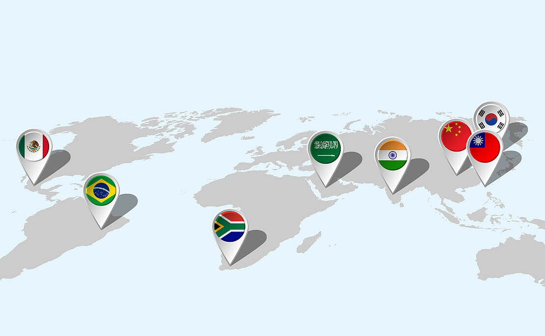 Weltkarte mit den markierten Schwellenländern
