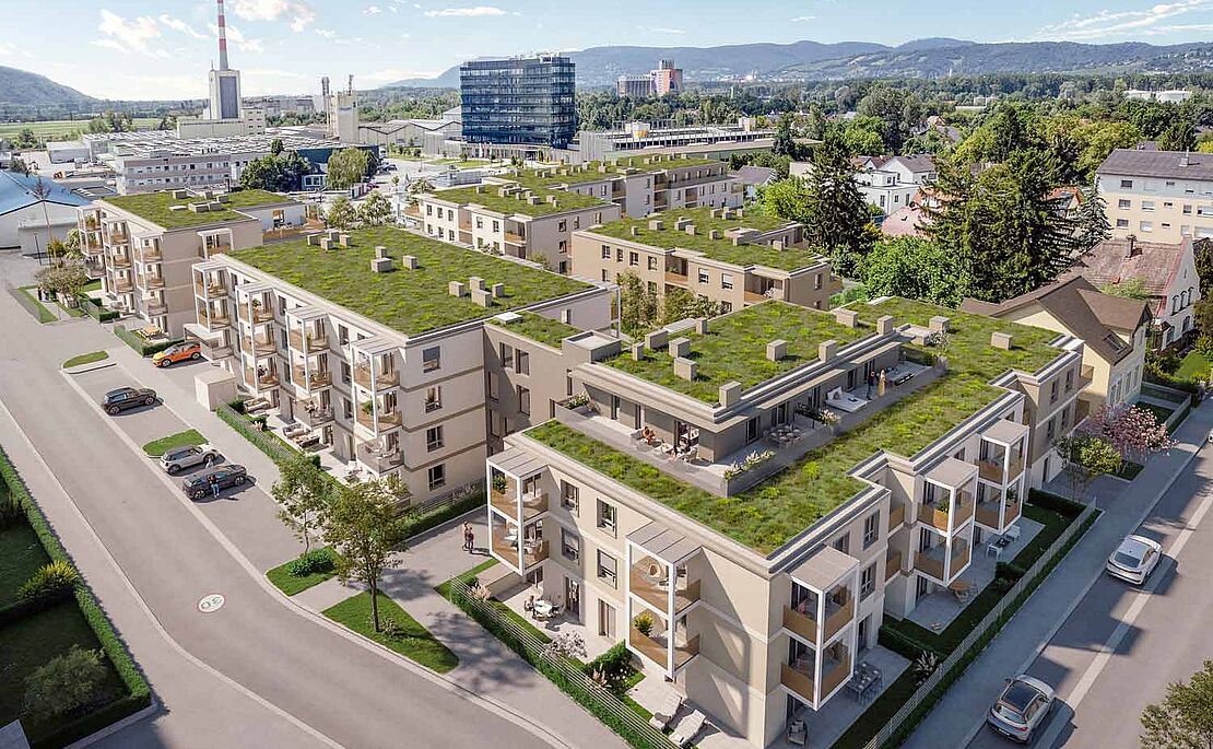 Fotomontage einer neuen Wohnsiedlung mit begrünten Dächern