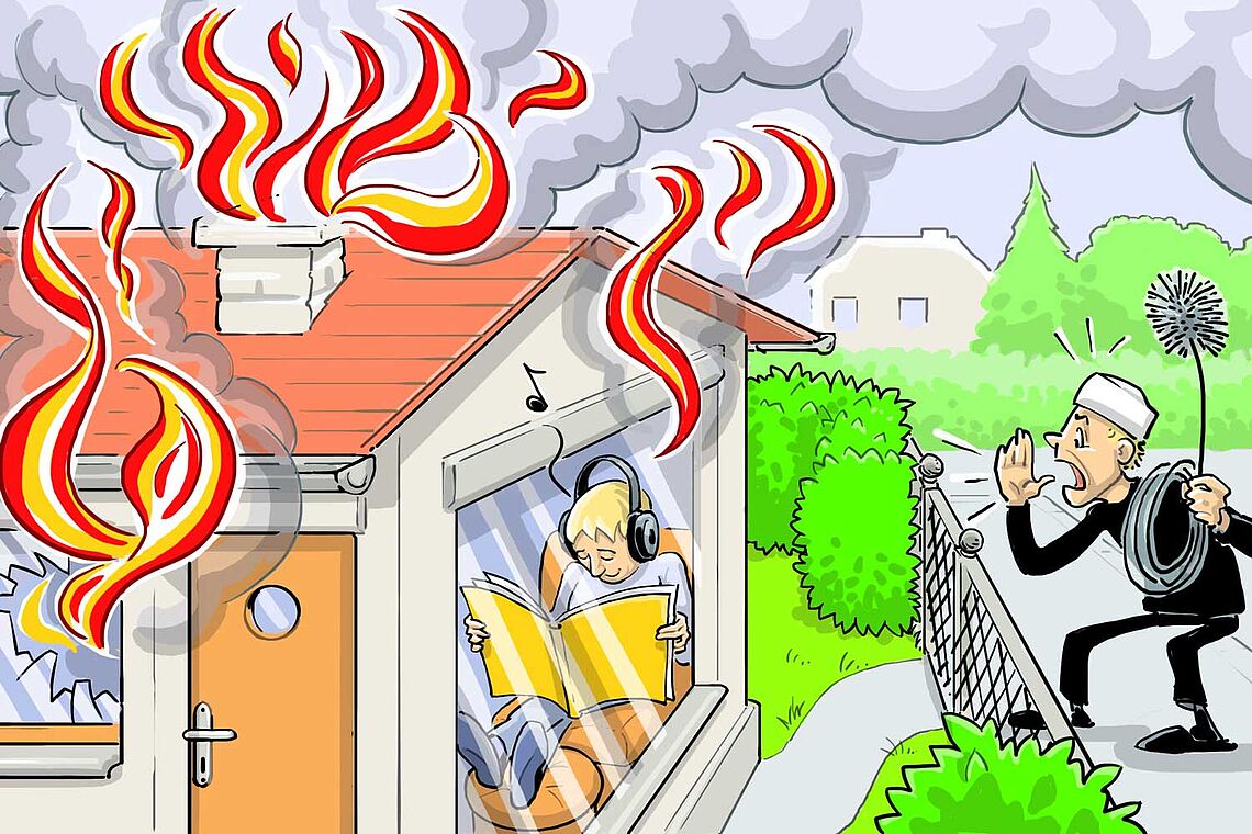 Illustration: Mann mit Kopfhörern auf sitzt und liest während sein Haus brennt, Rauchfangkehrer schreit von draußen rein