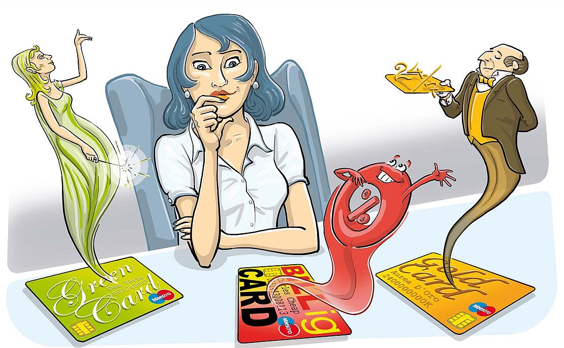 Illustration einer Frau, vor ihr drei Bankkarten liegend